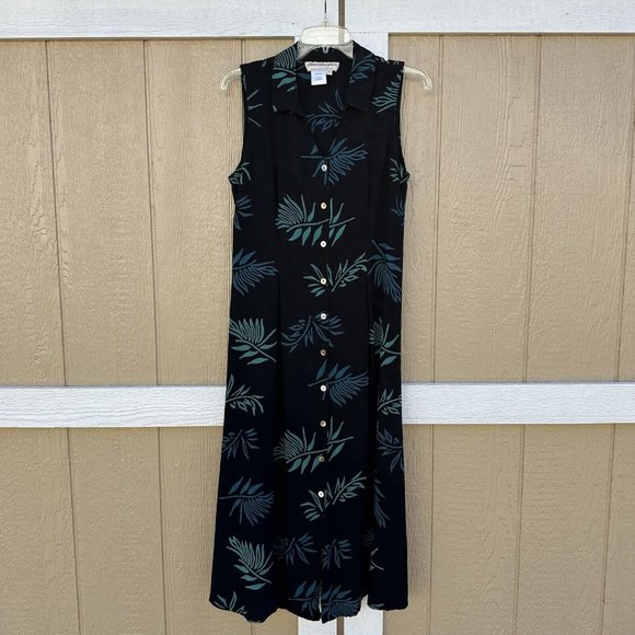 Norm Thompson Black Button Midi Sleeveless Dress Women’s Size Medium Rayon Leaf - Picture 1 of 3